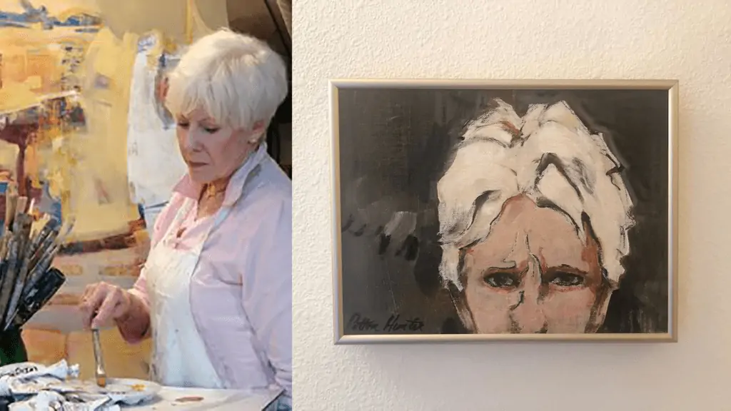 side by side image of a painter in her studio and a self portrait on a wall