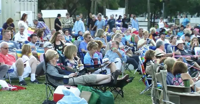 Audience sitting on the lawn watching a show