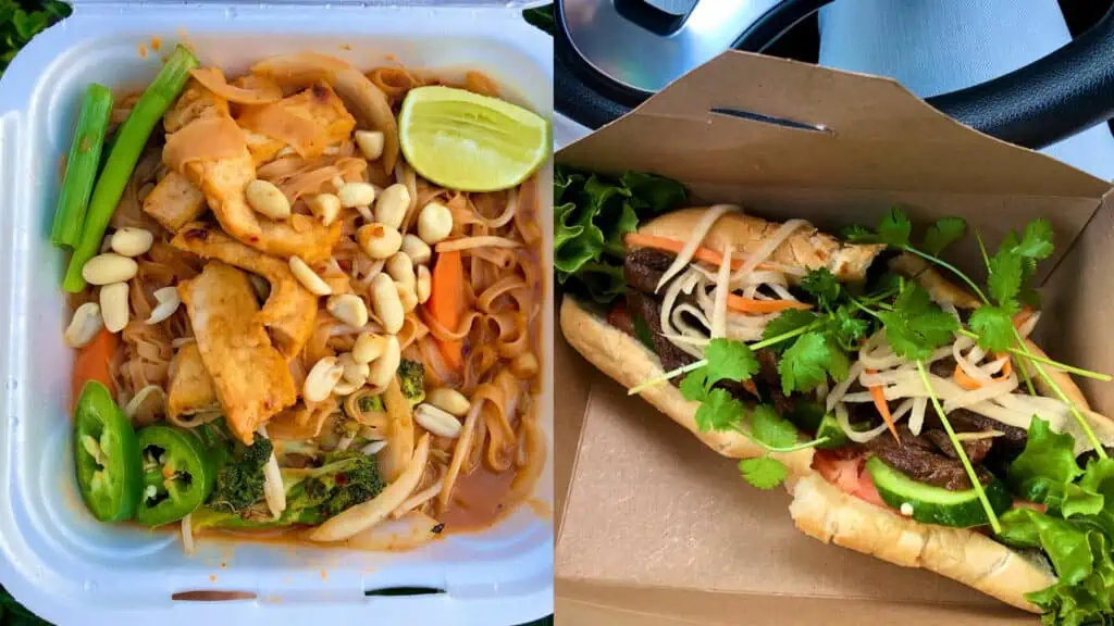 side by side photo of vegan noodle dish and a vegan banh mi