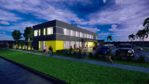 Rendering of new corporate offices at night