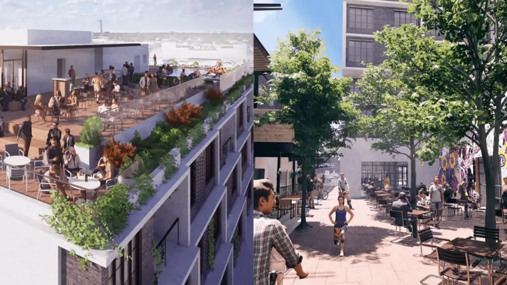 Renderings of a rooftop bar and retail space