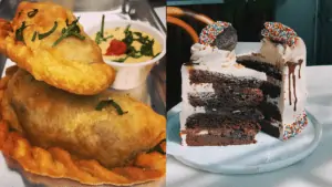 Photo of empanadas and giant slices of chocolate cake