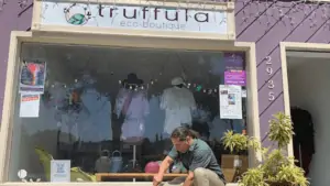 Outside a purple eco-friendly boutique