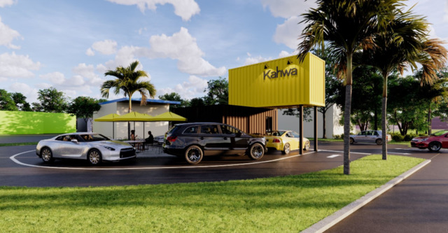 Rendering of a shipping container coffee drive-thru