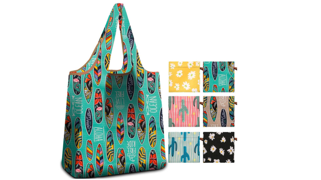 Image of reusable grocery bags with different print options