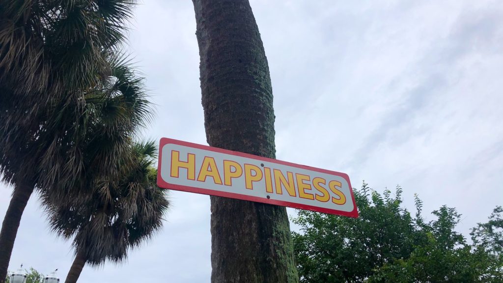 Photo of a sign on a palm tree that reads "Happiness" in yellow bubble font