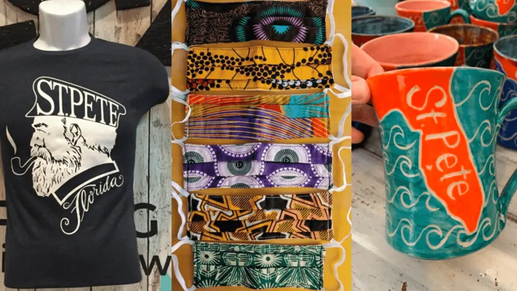 Assortment of locally made goods: st. Pete t-shirt, st. Pete mug, and cloth masks