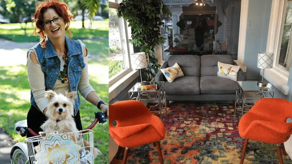 Photo of Your CBD Store owner with her dog on a bicycle, set next to a photo of a furnished studio