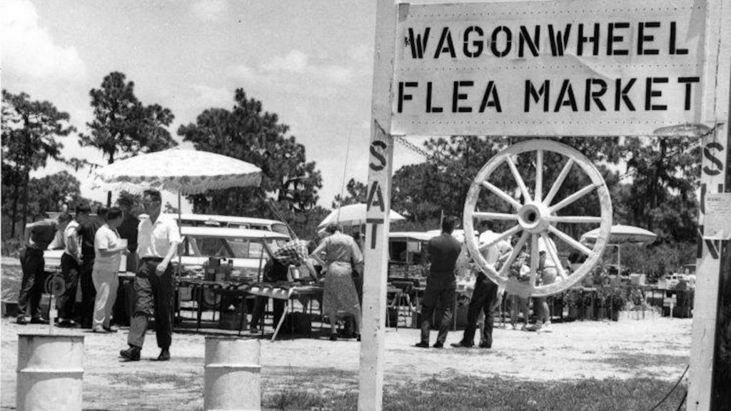 Black and white photograph of a vintage flea market in Florida
