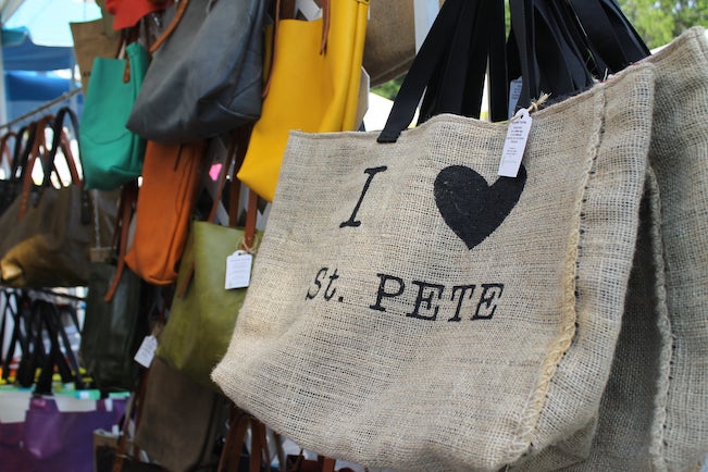 Hand knit tote bags that read "I Love St. Pete