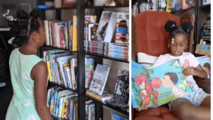 Photo of a child browsing a bookstore, and a photo of a younger reader reading from a picture book