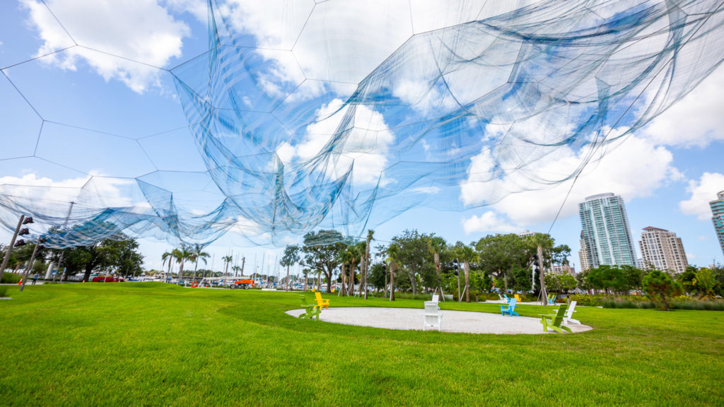 Photo of a large art installation iin a waterfront park