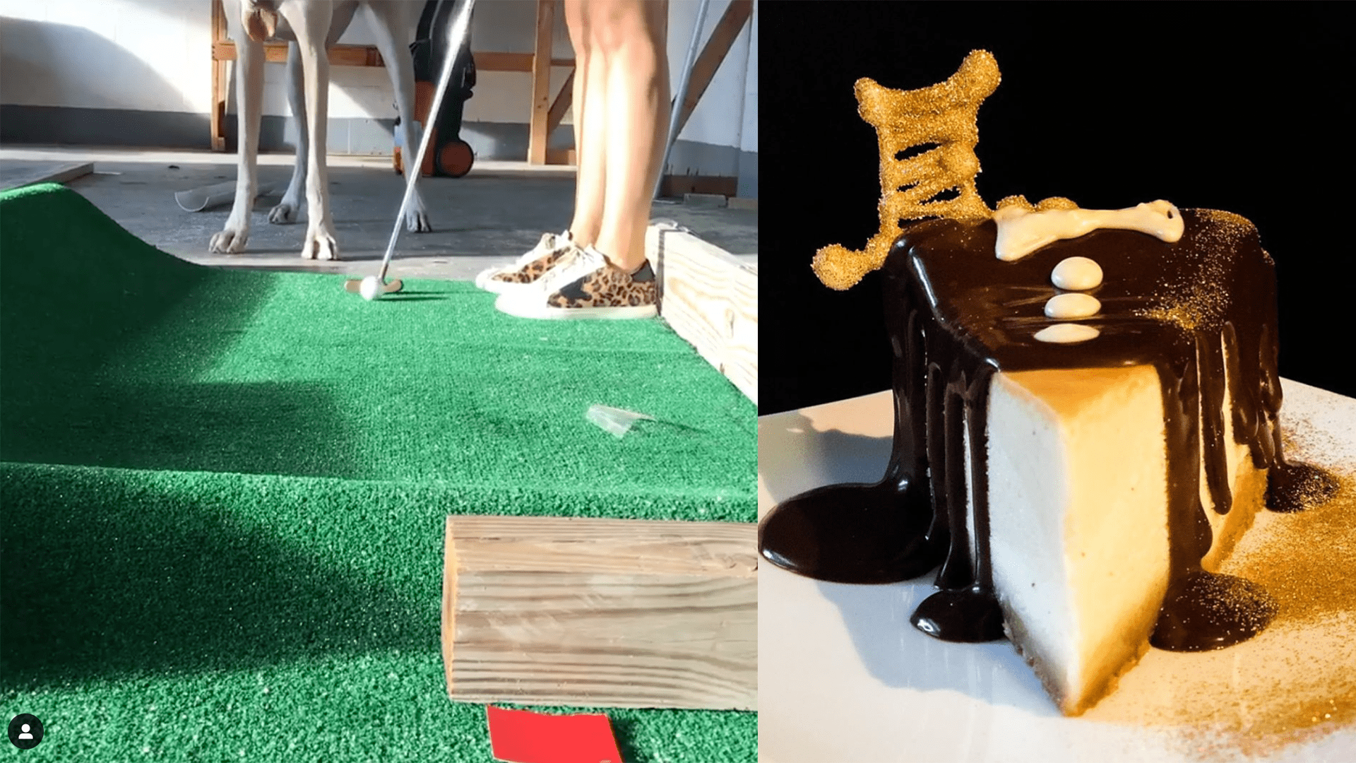 Side by side photos of a mini golf hole and a slice of cheesecake