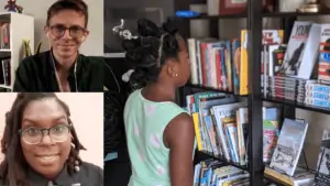 Top and bottom view of an interview, and a shot of a child browsing books at a bookstore