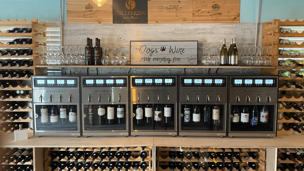 Photo of a large wine bar with several wines on tap