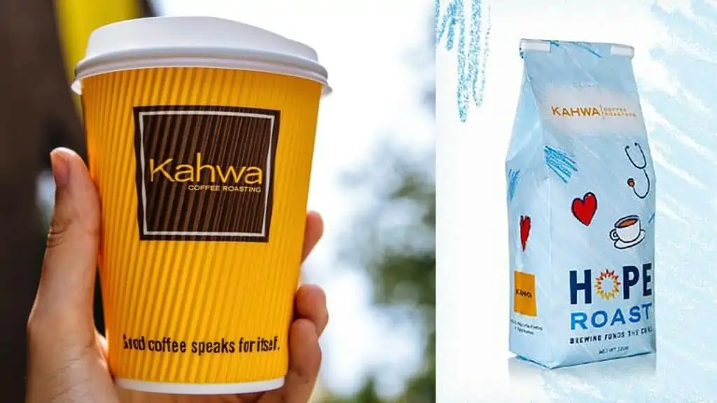 Photo of a yellow coffee cup, and a bag of hope roast
