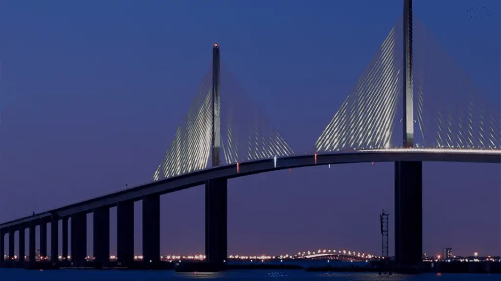 Image of the Skyway bridge lit up