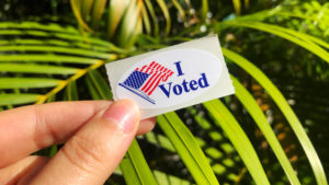 I voted sticker held up against a green palm tree background