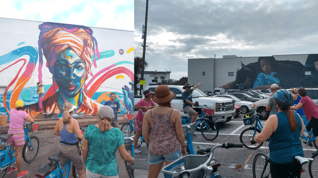 Image of people of bikes during an outdoor mural tour
