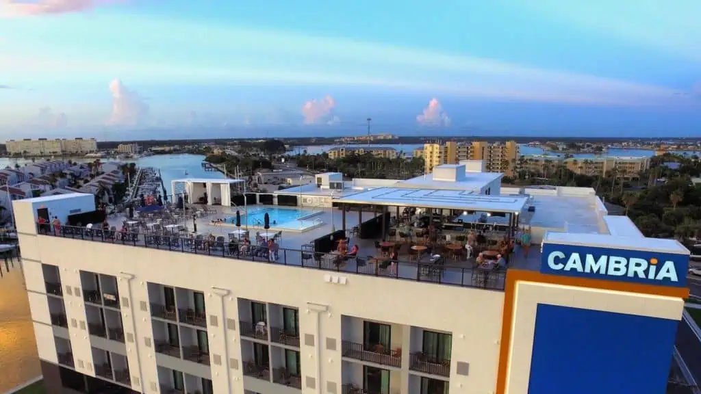 Aerial view of a rooftop bar and hotel on the Gulf Coast