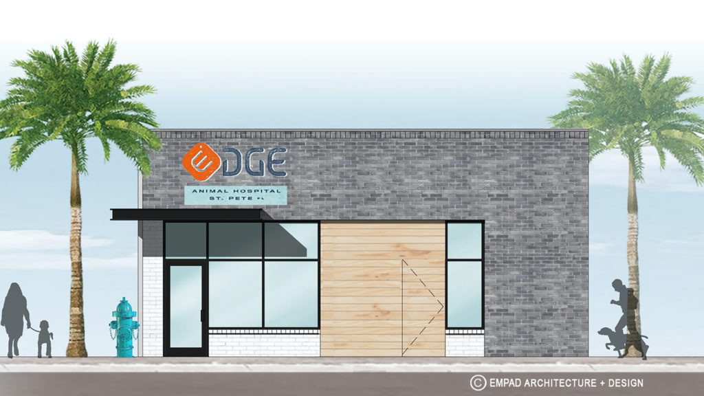 Rendering of new vet clinic with an orange logo on the front