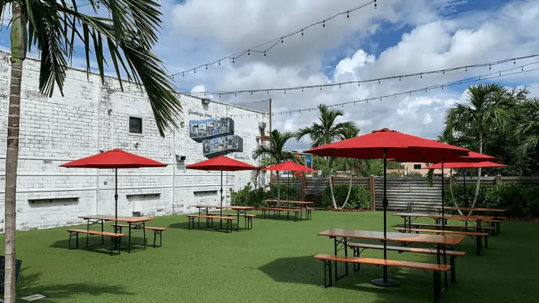 Outdoor beer garden with spaced out tables