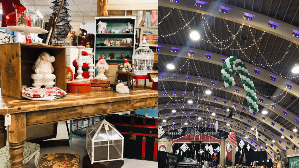 Interior photos of holiday markets with candy canes and Christmas tree