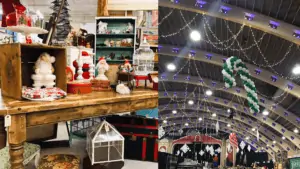 Interior photos of holiday markets with candy canes and Christmas tree