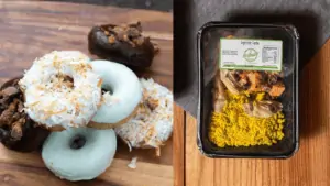 Photo of a prepackaged meal next to a plate of donuts