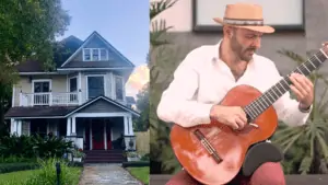 Exterior of a historic home, and a closeup of a guitarist