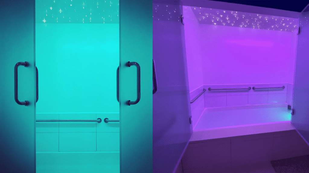 Inside purple and turquoise float rooms