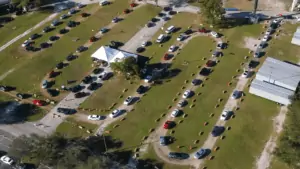 Aerial of COVID drive thru testing