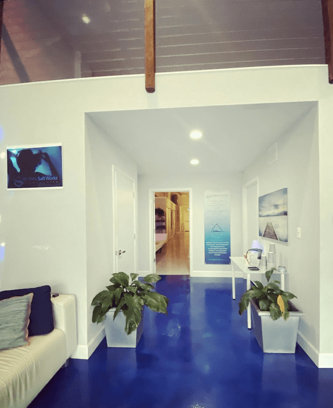 Waiting room with ocean blue resin floors