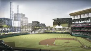 Rendering of an open air baseball stadium