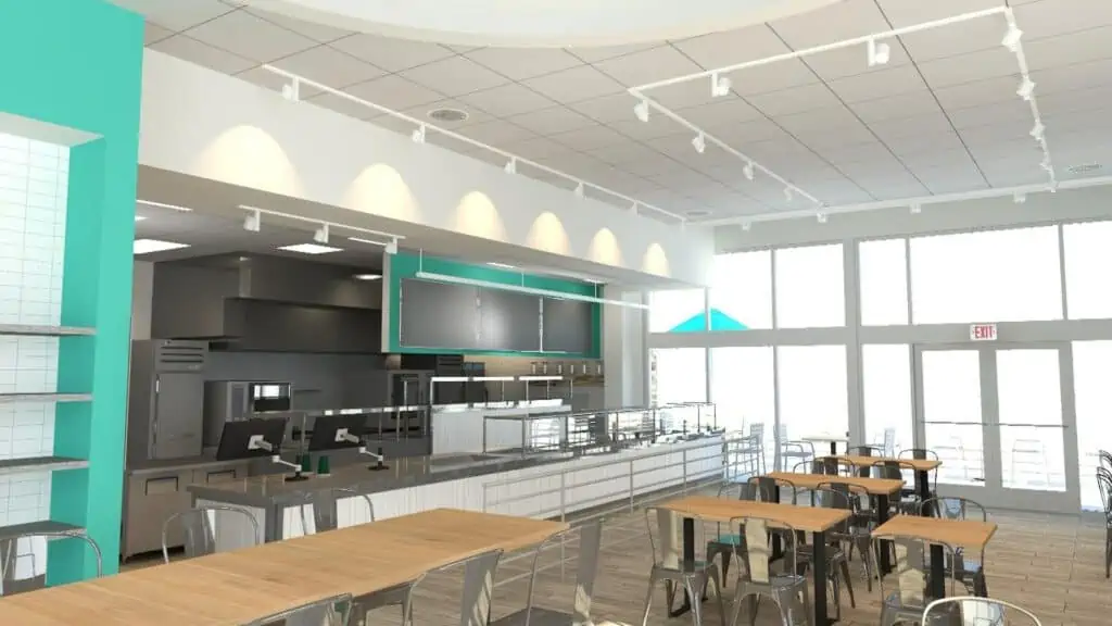 interior rendering of a counter service restaurant with blue walls
