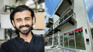 business owner headshot next to a three story building with twisted Indian sign in front window