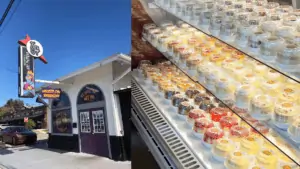 Exterior of a BBQ restaurant, and a shelf of packaged cheesecake