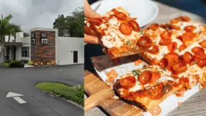 exterior of a restaurant, pizza slices being pulled