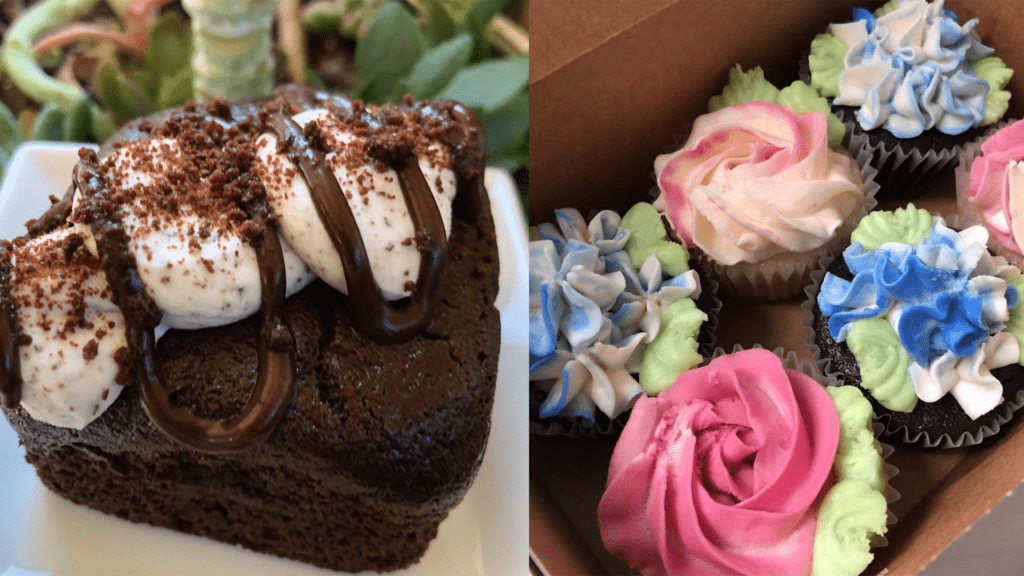 a chocolate bundt cake next to floral cupcakes