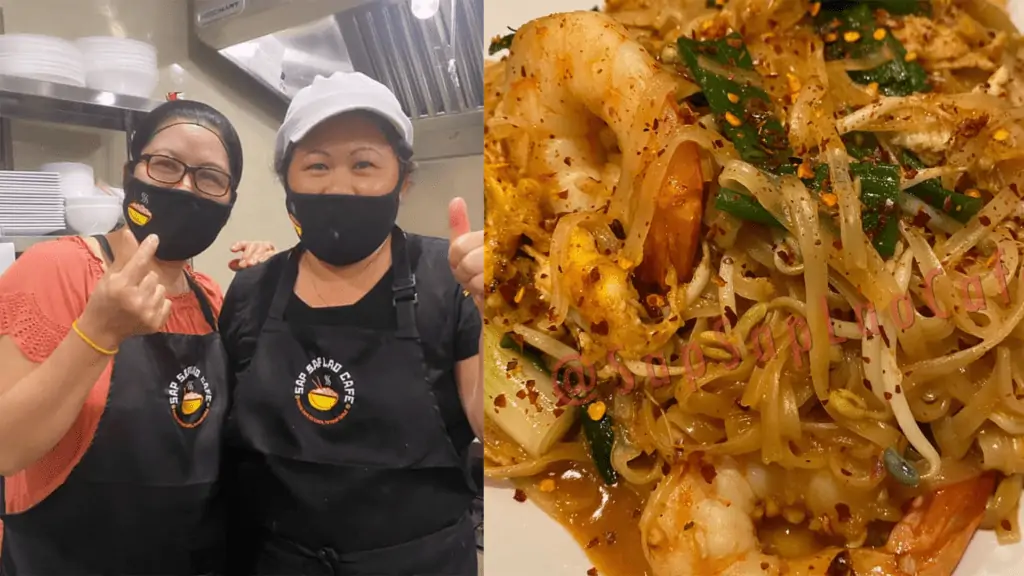 photo of two cooks in a kitchen, and a plate of pad Thai