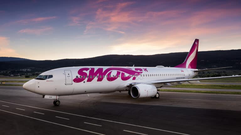 exterior of a pink airplane