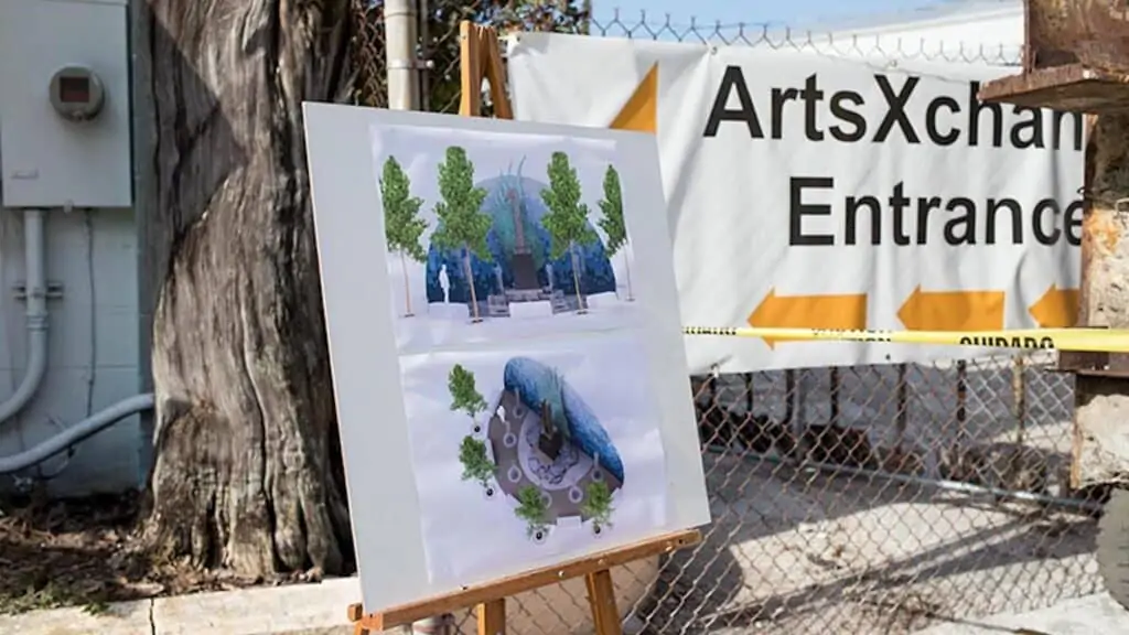 renderings of a new monument next to a banner that reads ArtsXChange