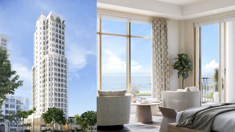 Split shot of white high rise building and inside bedroom with bay views