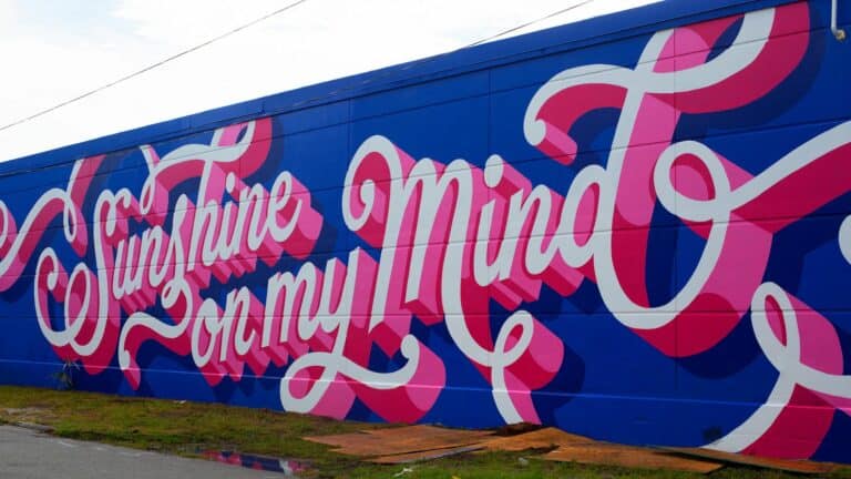 pink and blue mural on a large brick building