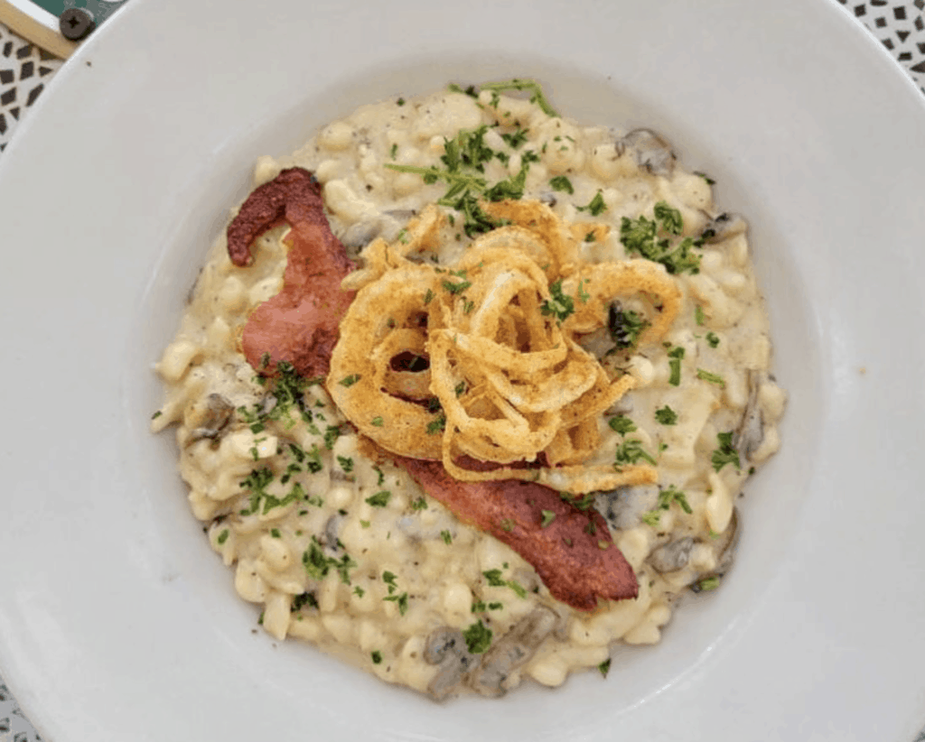 aerial photo of German dish featuring sausage, crispy onions, and rice. 