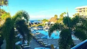 a hotel pool courtyard with