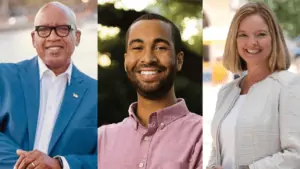 three images of people in button down shirts smiling