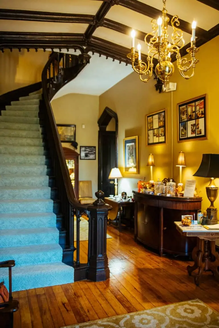 Inside a historic home with a spiral staircase