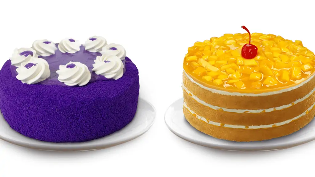 side by side of a large purple cake with white frosting, and a three tier mango cake. 
