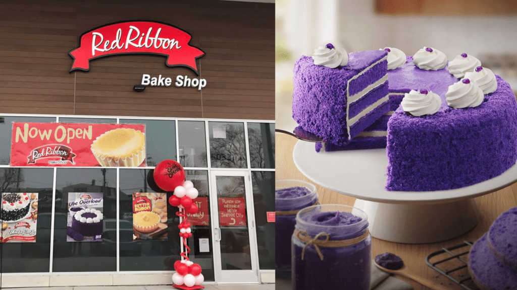 Exterior of a bakery with a large red sign above the door next to an image of purple cake being sliced on a counter